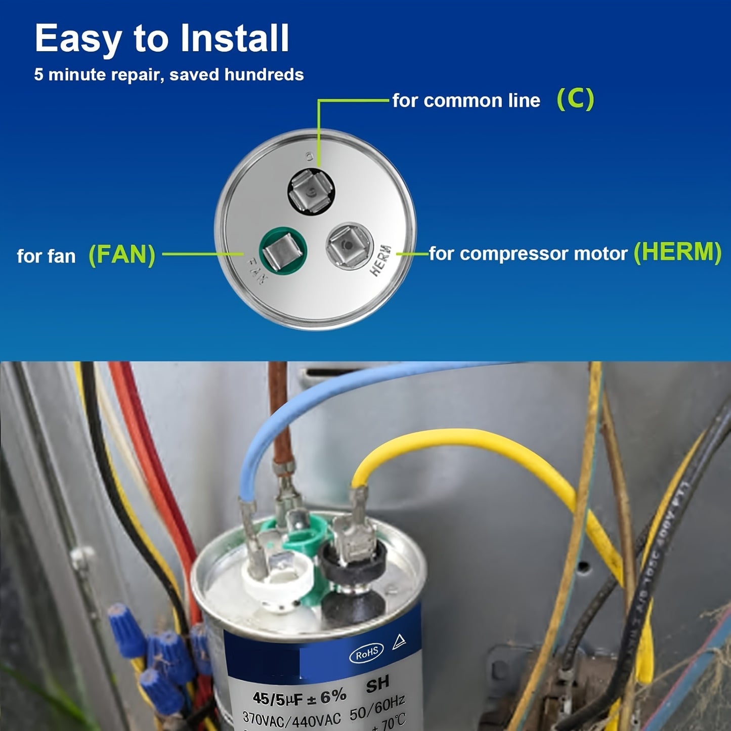 AC Capacitor 45+5uF 45/5MFD 450V, Condenser Capacitor