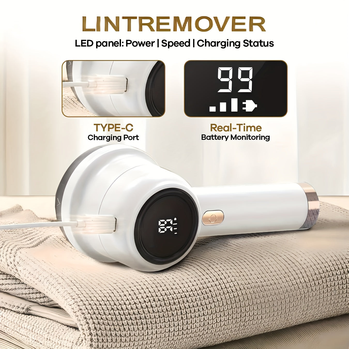 Rechargeable Fabric Shaver & Lint Remover with 6-Leaf Blade System, 3-Speed Settings & Digital LED Display, Ergonomic Handle for Clothing, Sweaters, Furniture - Powerful Fuzz Remover Device