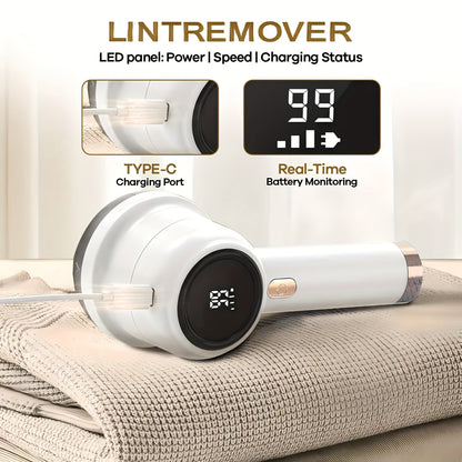 Rechargeable Fabric Shaver & Lint Remover with 6-Leaf Blade System, 3-Speed Settings & Digital LED Display, Ergonomic Handle for Clothing, Sweaters, Furniture - Powerful Fuzz Remover Device