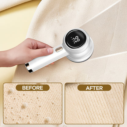 Rechargeable Fabric Shaver & Lint Remover with 6-Leaf Blade System, 3-Speed Settings & Digital LED Display, Ergonomic Handle for Clothing, Sweaters, Furniture - Powerful Fuzz Remover Device
