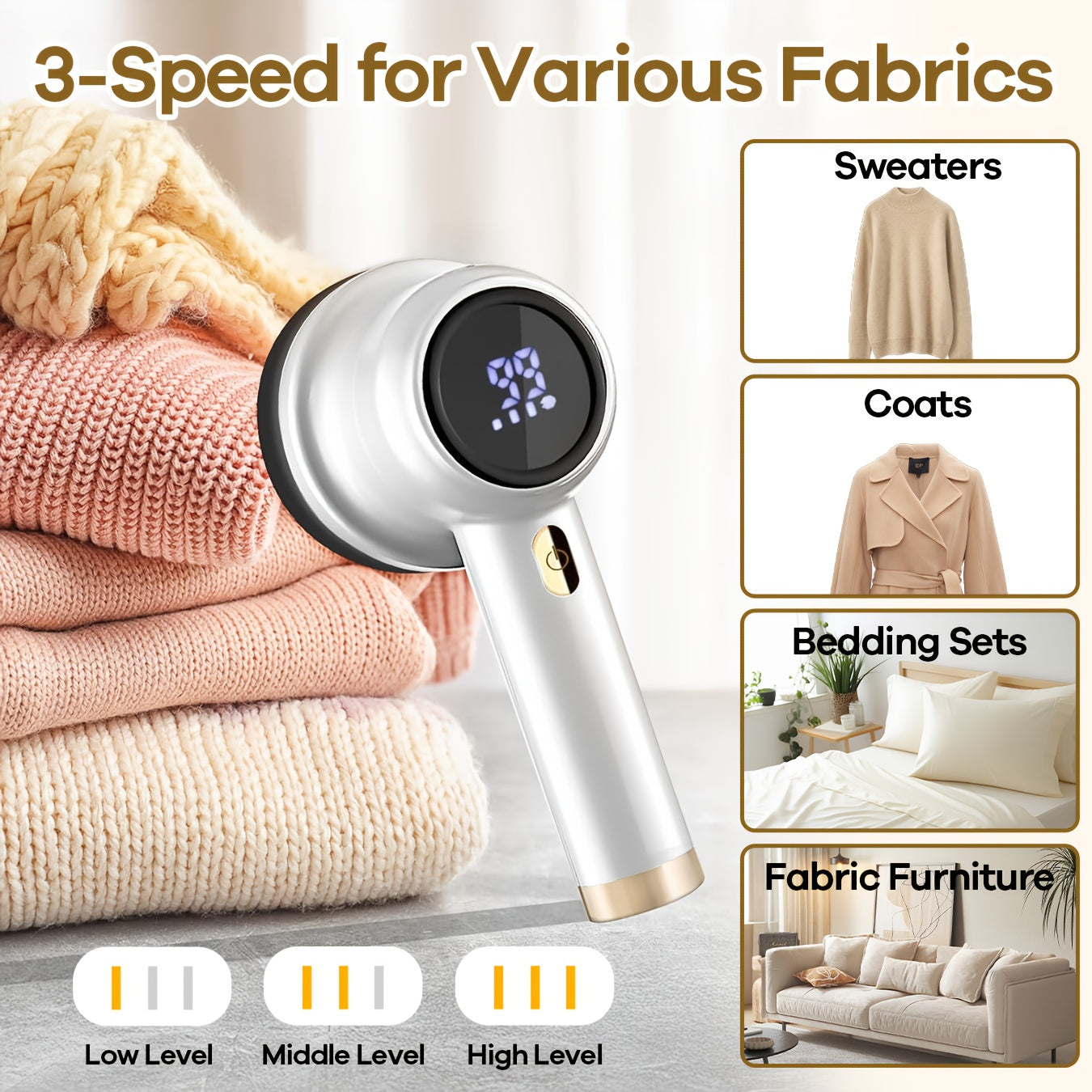Rechargeable Fabric Shaver & Lint Remover with 6-Leaf Blade System, 3-Speed Settings & Digital LED Display, Ergonomic Handle for Clothing, Sweaters, Furniture - Powerful Fuzz Remover Device