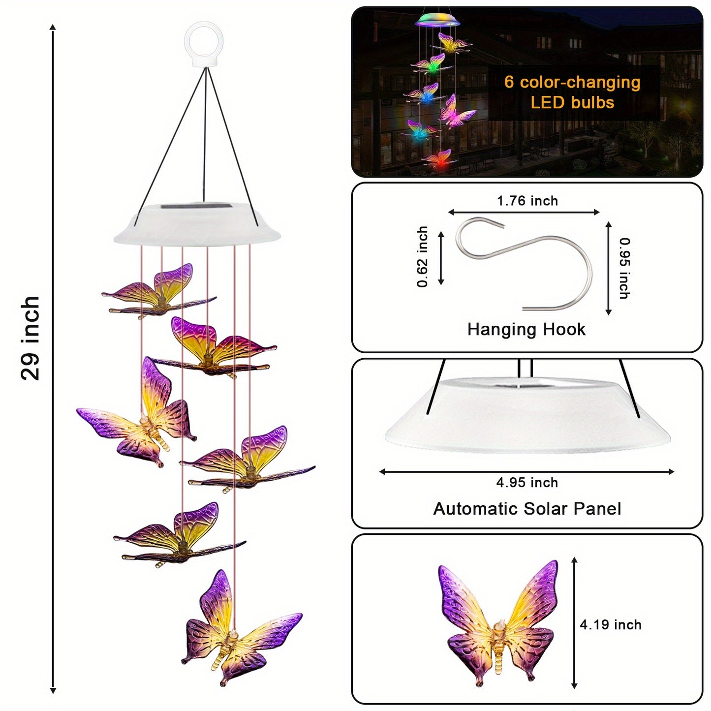 2Set Solar Butterfly Wind Chimes, Color Changing Outdoor Home Garden Light Cover