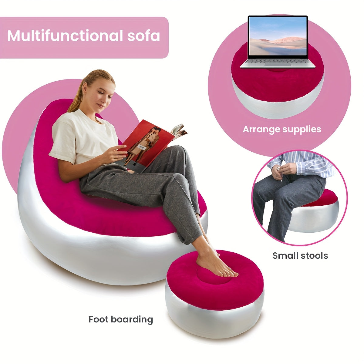 Adult Inflatable Recliner, Portable and Foldable Couch with Footrest, Indoor Living Room Air Sofa, Play Bedroom, Office Balcony, Outdoor Travel, Camping