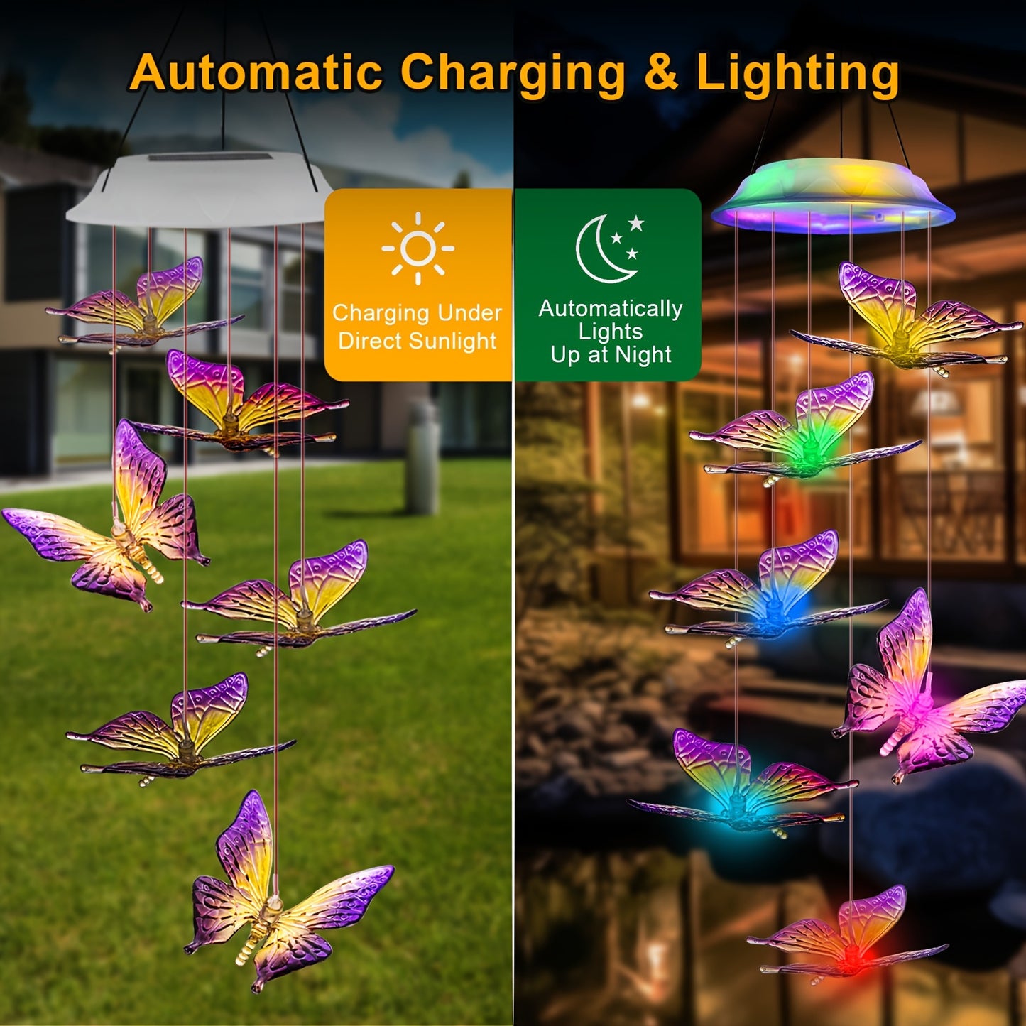 2Set Solar Butterfly Wind Chimes, Color Changing Outdoor Home Garden Light Cover