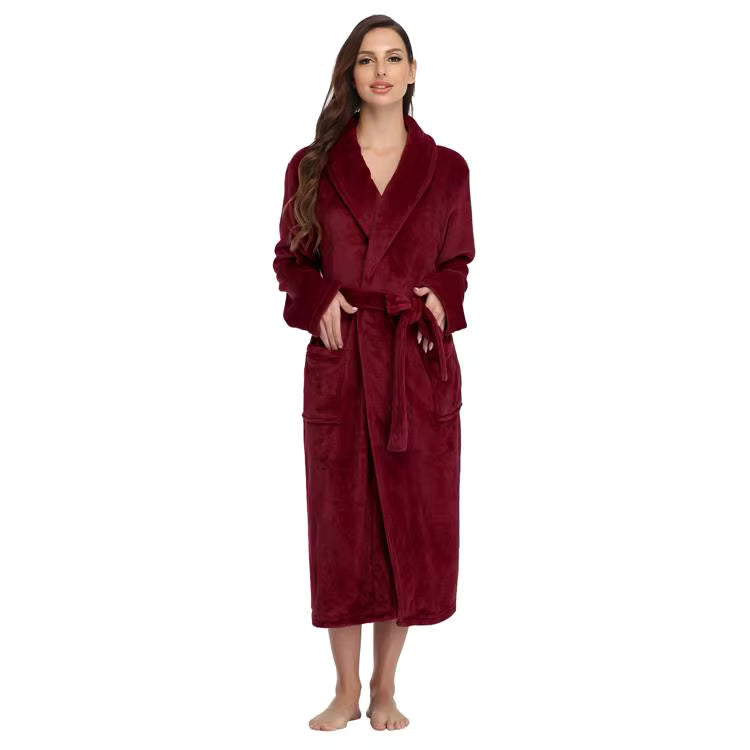 Winter Soft Warm Long Flannel Bathrobe with Hooded Women Thick Night Fleece Bath Robes Dressing