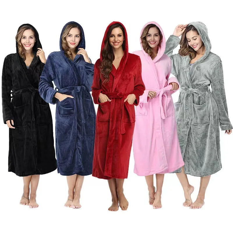Winter Soft Warm Long Flannel Bathrobe with Hooded Women Thick Night Fleece Bath Robes Dressing