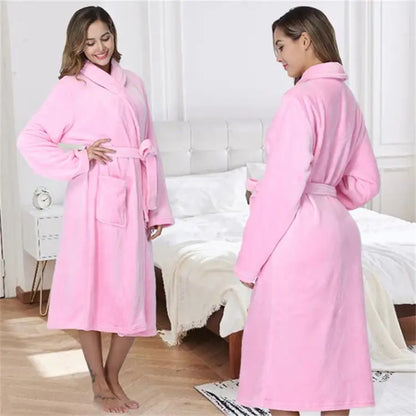 Winter Soft Warm Long Flannel Bathrobe with Hooded Women Thick Night Fleece Bath Robes Dressing