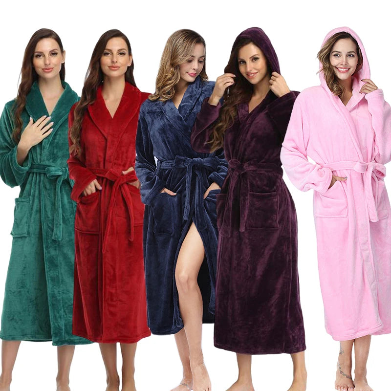 Winter Soft Warm Long Flannel Bathrobe with Hooded Women Thick Night Fleece Bath Robes Dressing