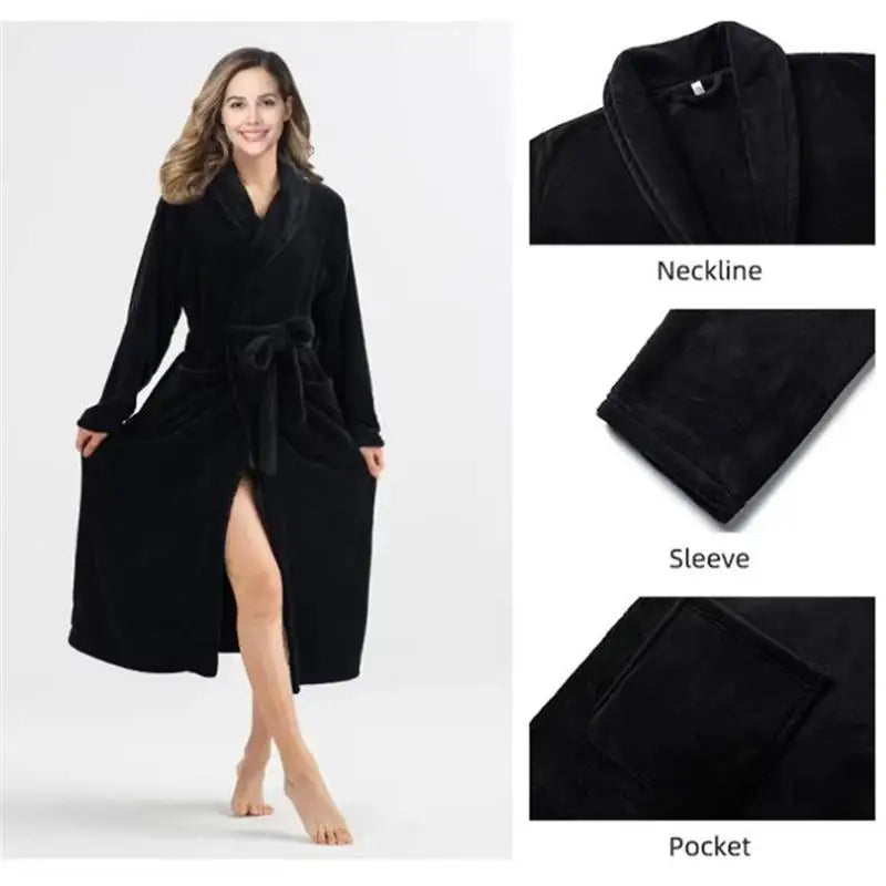 Winter Soft Warm Long Flannel Bathrobe with Hooded Women Thick Night Fleece Bath Robes Dressing