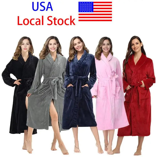 Winter Soft Warm Long Flannel Bathrobe with Hooded Women Thick Night Fleece Bath Robes Dressing