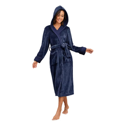 Winter Soft Warm Long Flannel Bathrobe with Hooded Women Thick Night Fleece Bath Robes Dressing