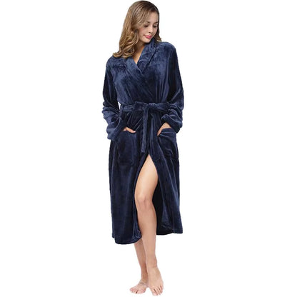 Winter Soft Warm Long Flannel Bathrobe with Hooded Women Thick Night Fleece Bath Robes Dressing