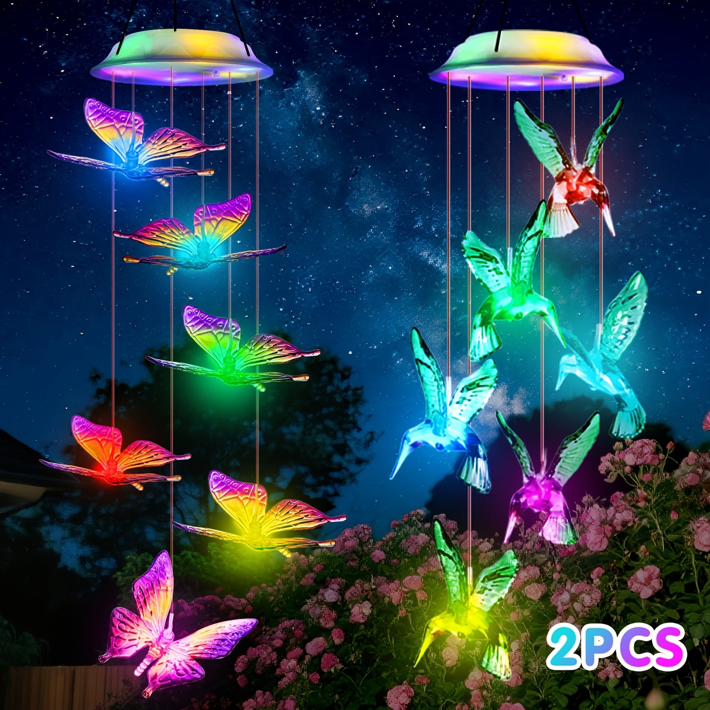 2Set Solar Butterfly Wind Chimes, Color Changing Outdoor Home Garden Light Cover