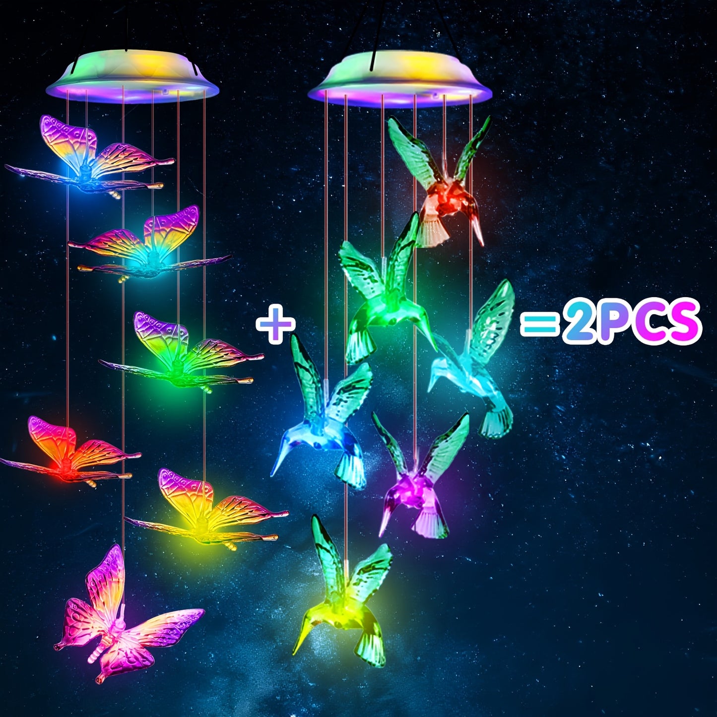 2Set Solar Butterfly Wind Chimes, Color Changing Outdoor Home Garden Light Cover