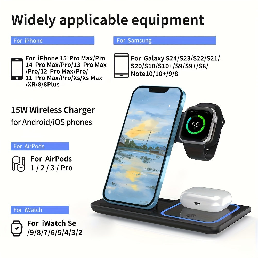 Wireless Charging Station 3 In 1 Standard 15W Fast Mag-Safe Charger Stand for IPhone Pro Max/Pro/Mini/Plus, IWatch Ultra, AirPods